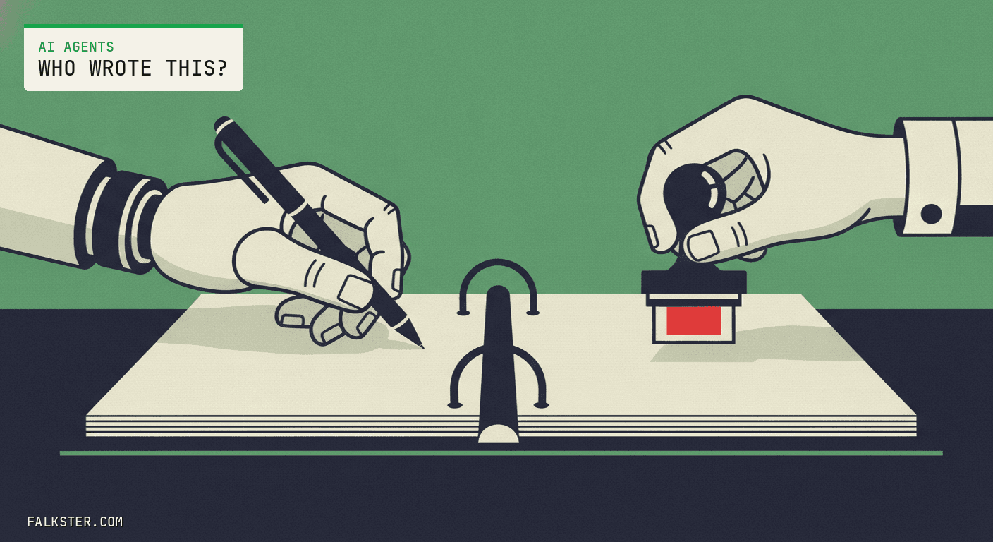 Agents-green Falkster cover: an open ring binder on a dark desk, a robotic hand writing on the left page with a pen and a human hand pressing a rubber stamp onto the right page.
