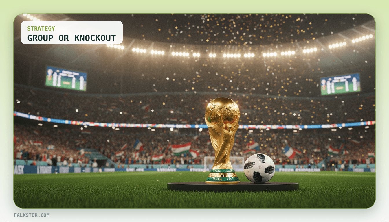 A World Cup bracket split into two halves: a forgiving group-stage table where one loss still advances, and a knockout tree where one loss ends the tournament, mapped to reversible and irreversible product bets.
