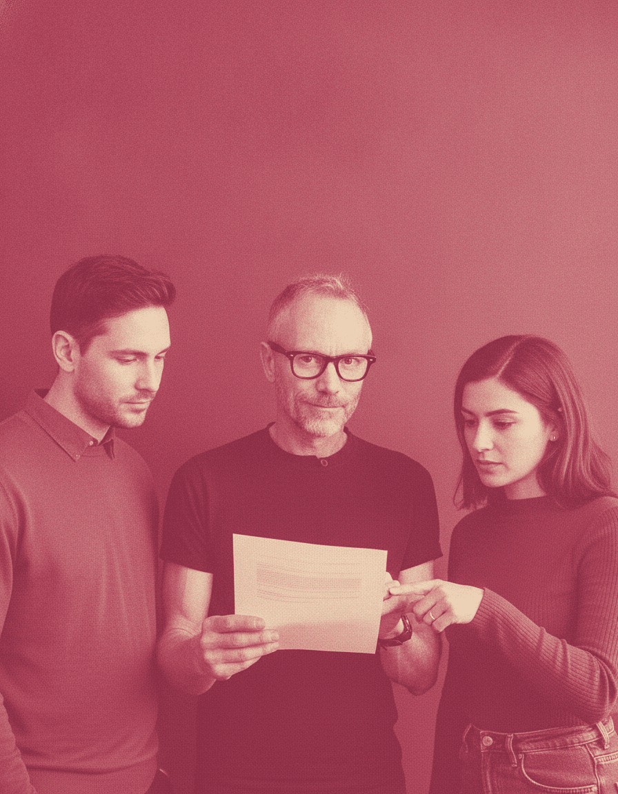 Falk Gottlob and two colleagues reading a single printed page together, rose duotone.