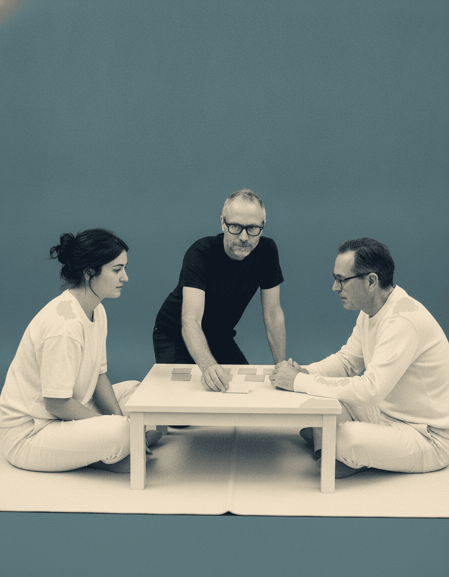 Falk Gottlob crouched at a low table sliding a card across to two colleagues, teal duotone.
