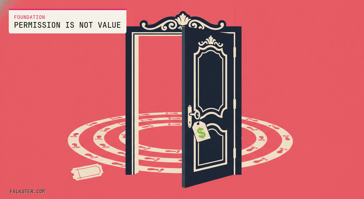 Foundation-pink editorial cover: an ornate door standing open with a discount price tag hanging from its key, and beyond it a worn loop of footprints circling the room, the entry ticket separate from the habit.