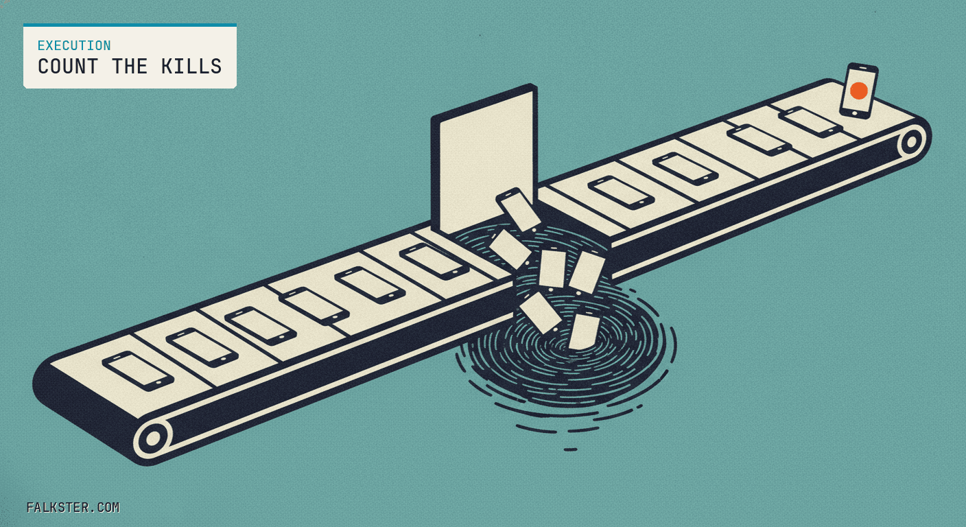 Execution Falkster cover: a long conveyor belt carrying rows of small identical phone-screen mockups toward a gap, most of them tumbling through the gap into a dark whirlpool while a few continue along the belt past it.