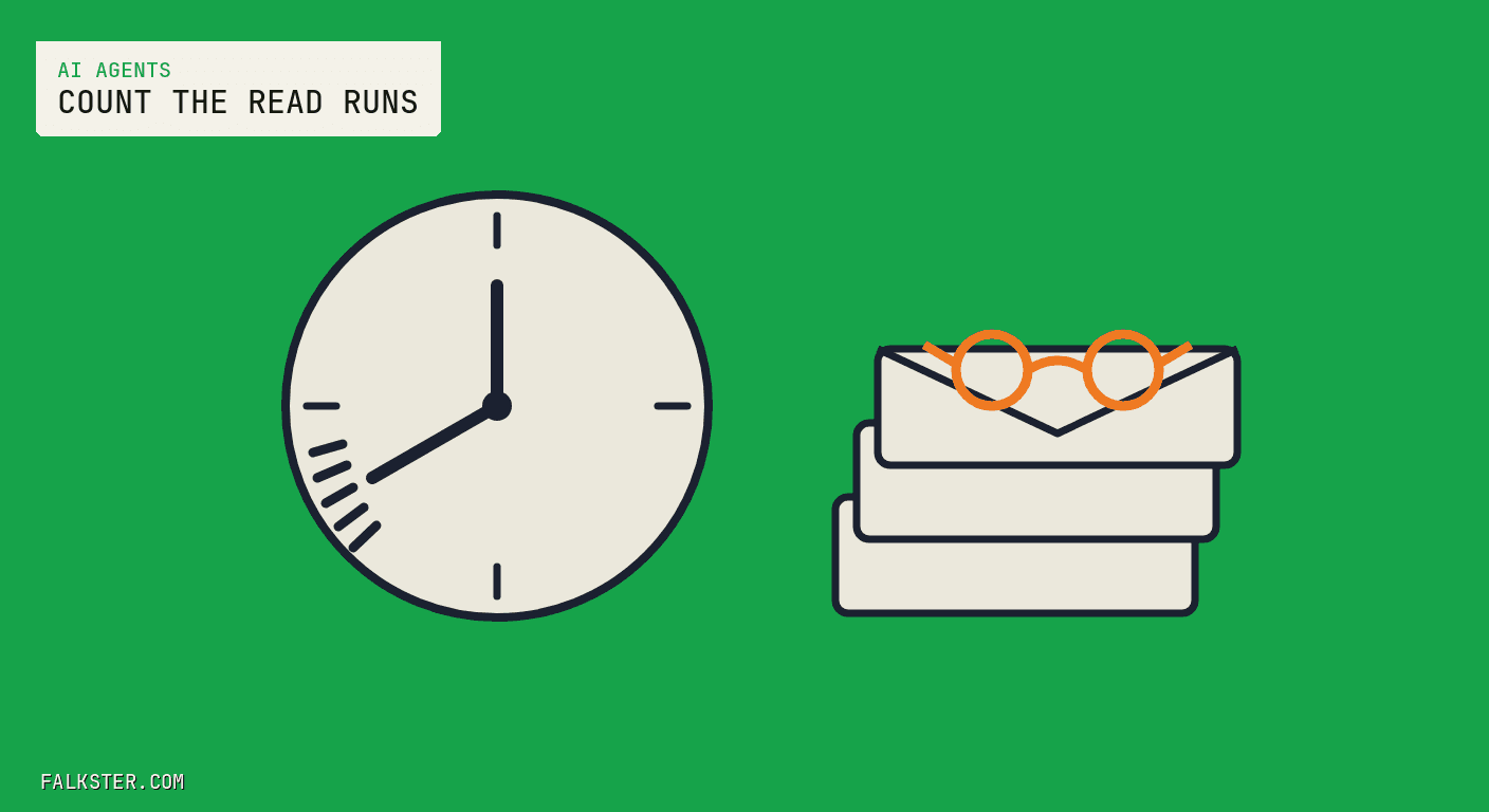 AI Agents Falkster cover on green: a cream clock face with its hands near eight and a cluster of navy tick marks bunched around eight o'clock, beside a stack of three cream envelopes with orange round reading glasses resting on the top one.