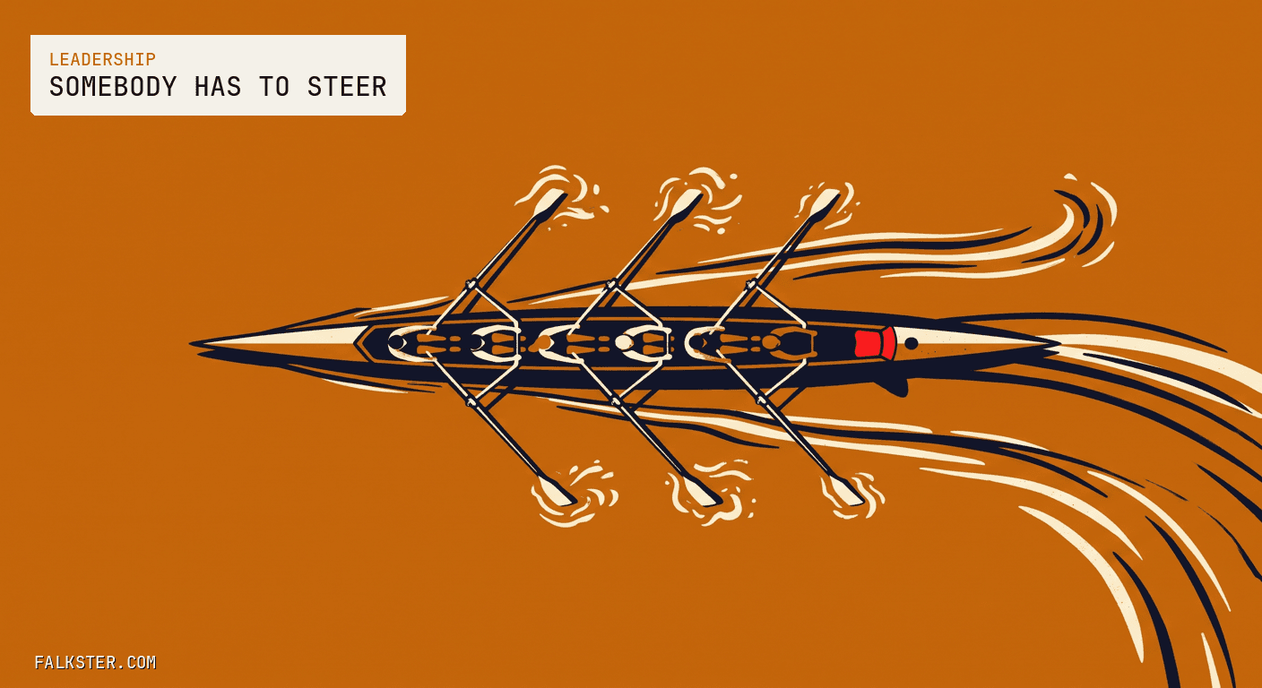 Leadership-amber Falkster cover: a long racing shell seen from above on dark water, every oar in the water and pulling, and the coxswain's seat at the stern empty, the boat's wake curving off to one side.