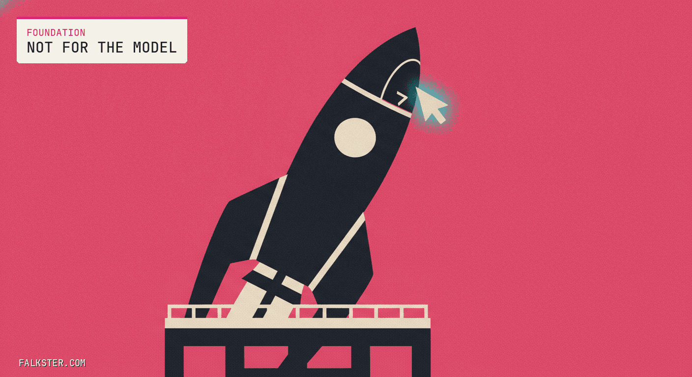 Foundation-pink editorial cover: a small code cursor blinking inside a rocket fairing, a tiny text caret being loaded into an enormous rocket, the product swallowed by the launch vehicle.