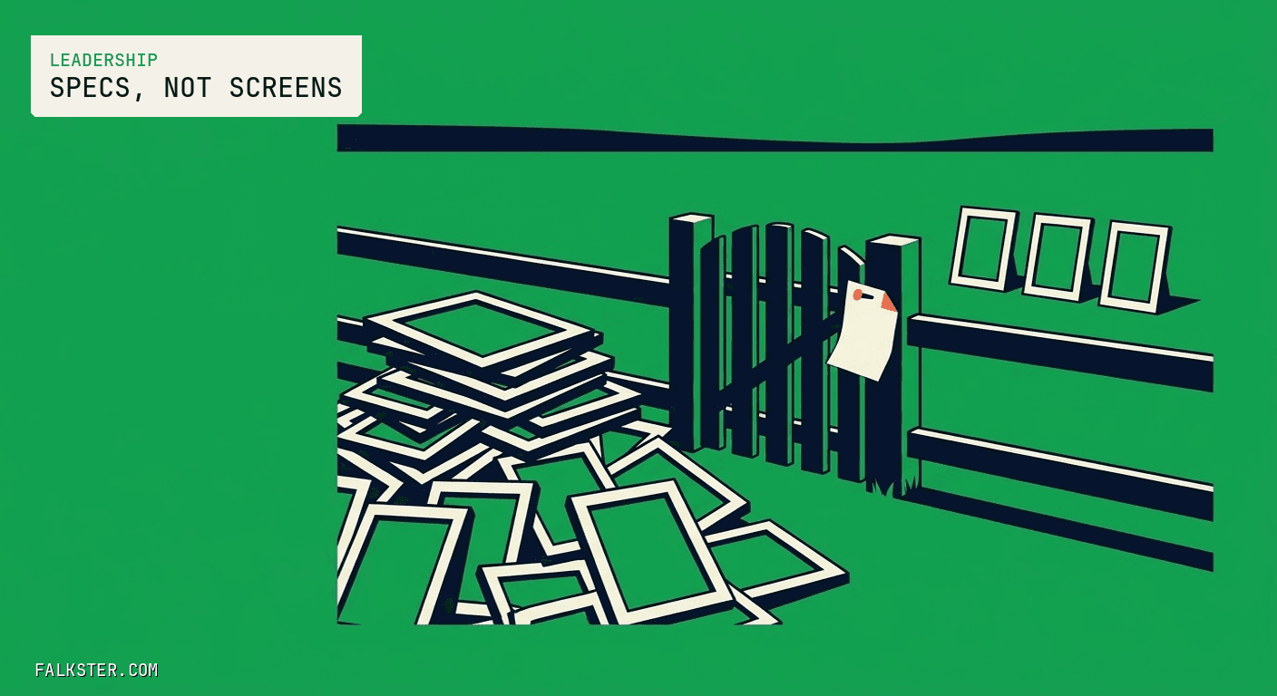 Green Falkster cover: a narrow wooden gate in a low fence, a huge heap of identical blank picture frames piled on one side, only three frames standing upright on the far side, and a single folded sheet of paper nailed to the gatepost.