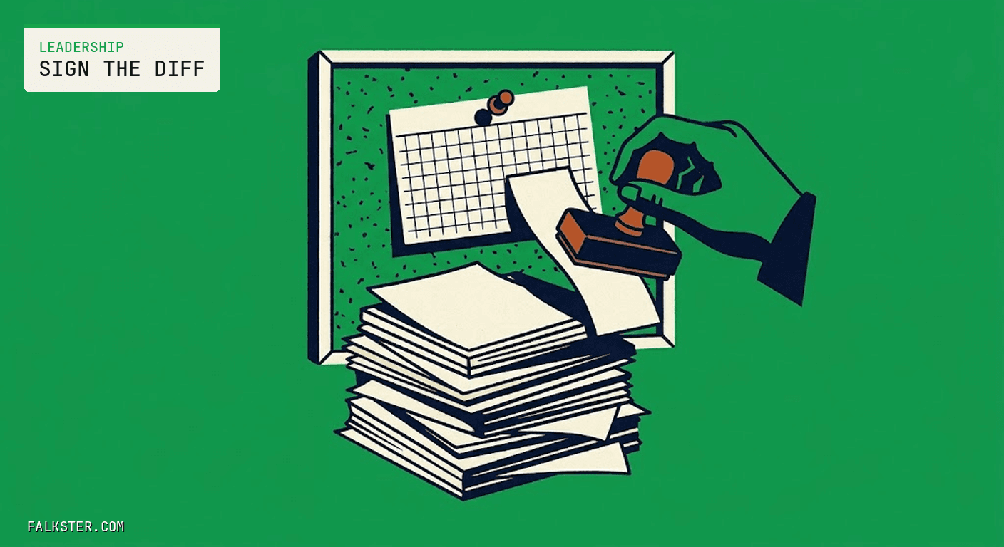 Green Falkster cover: a grid-ruled index card pinned to a corkboard above a tall stack of loose pages, while a hand holds a rubber stamp over a new strip of paper being slipped onto the card.