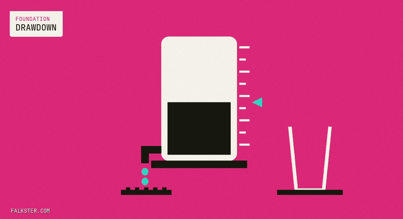 Foundation Falkster cover on magenta: a cream tank with a half-empty dark level and a teal gauge marker, its tap dripping teal drops into a floor drain, beside an empty drinking glass.