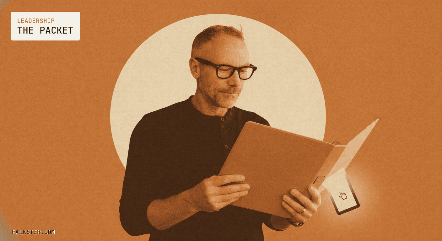 Leadership-amber editorial cover: Falk in three-quarter view holding a thick binder labeled by its heft alone, with the pages turning into a small clickable screen as they fall from his hands.