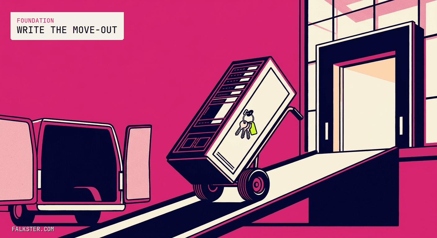 Foundation-pink Falkster cover: a wheeled dolly carrying a tall steel server rack halfway down a loading-dock ramp toward an open moving van, a ring of keys hanging from the rack's lock, and the glass office building's dock door standing open behind it with the lights still on.