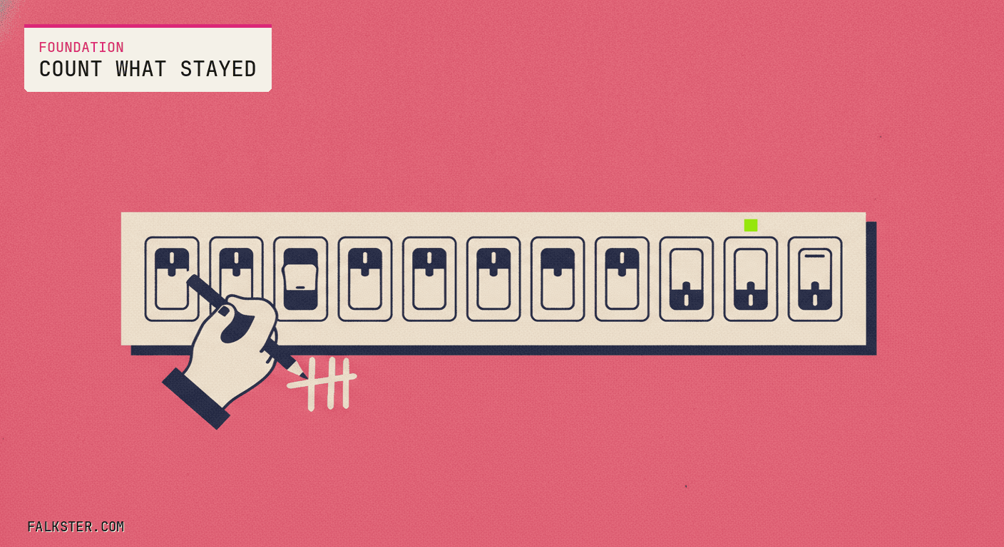 Foundation-pink Falkster cover: a wall panel with a single row of toggle switches, most flipped up and three at the end flipped down, and a hand with a pencil drawing tally marks beneath the row.