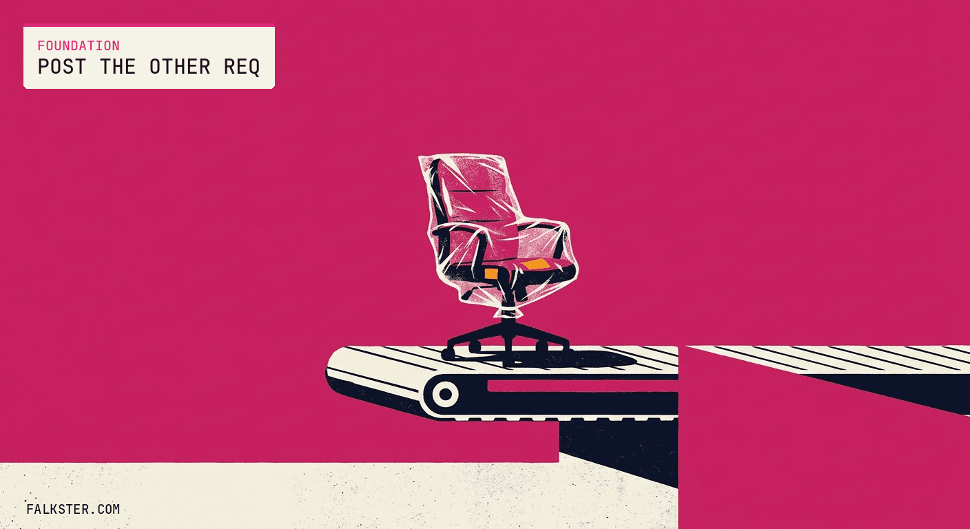 Foundation-pink Falkster cover: a new office chair, still wrapped in plastic, sits at the end of a conveyor belt that stops in mid-air above an empty concrete floor.