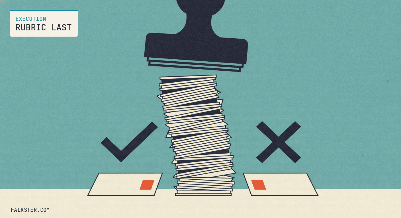 Bold risograph editorial cover on Execution teal: a rubber stamp pressing down on a tall stack of paper output cards that split into a pass pile marked with a check and a fail pile marked with a cross, binary grading.