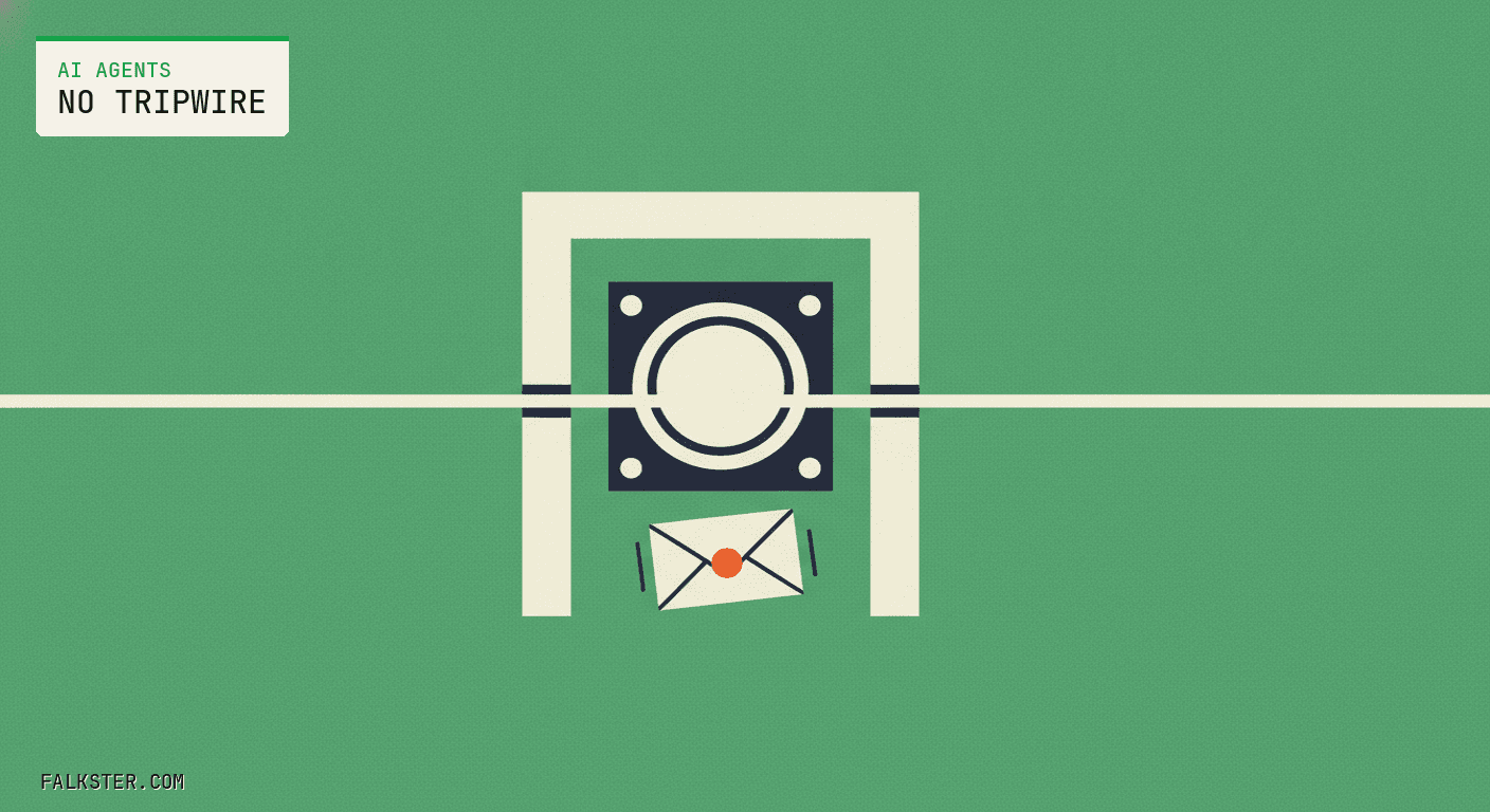 AI Agents Falkster cover on green: a cream doorway frame holding a dark stop button, a cream tripwire stretched across it, and a cream envelope with an orange seal passing underneath the wire.