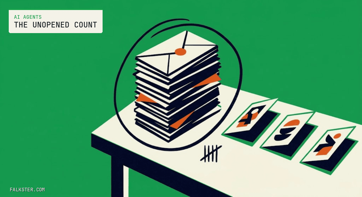 AI Agents Falkster cover on green: a tall stack of sealed cream envelopes on a desk ringed by a hand-drawn navy circle with a small tally mark beside it, and three open cards with abstract navy and orange shapes laid out in a row to the right.