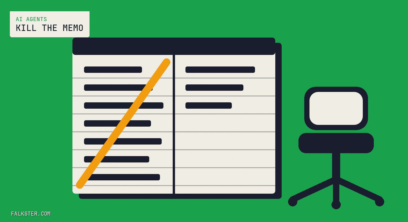 AI Agents Falkster cover on green: a cream two-column ledger with a navy header, its left column of navy entries struck through by one thick orange diagonal line and its right column holding only three entries, with an empty navy office chair on a five-point base beside it.