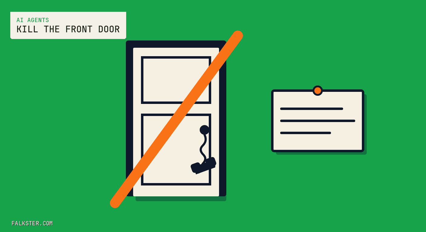 AI Agents Falkster cover on green: a cream front door in a navy frame with a navy phone receiver hanging from its knob on a coiled cord, struck through by one thick orange diagonal line, and to its right a cream index card pinned to the wall with an orange pin and three ruled navy lines.