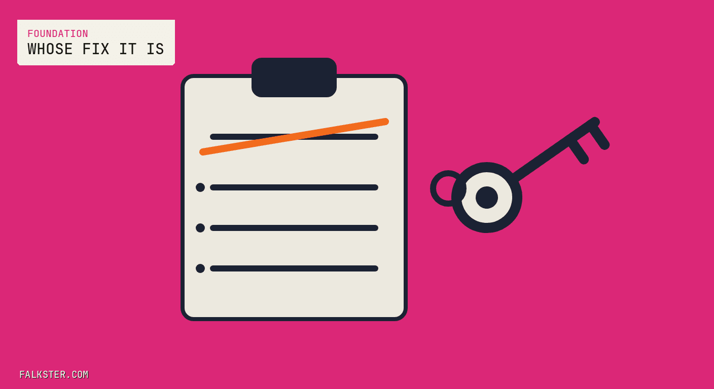 Foundation Falkster cover on pink: a cream clipboard with four ruled lines, the top line struck through in orange and the three below it bulleted, and a navy key on a ring to the right.
