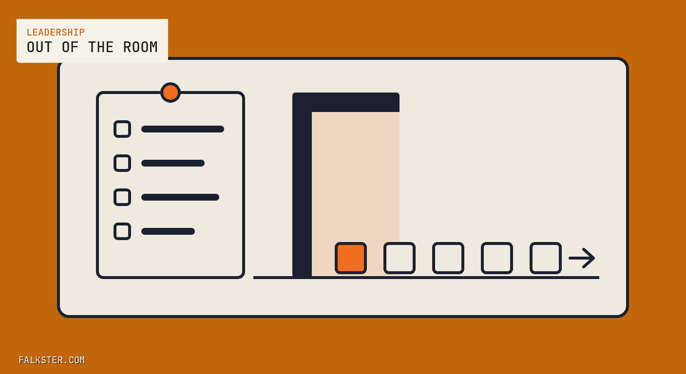 Leadership Falkster cover on burnt orange: a cream panel with a pinned checklist sheet of four unchecked rows on the left, a navy doorway in the middle, and five small blocks, the leading one orange, moving out through the doorway toward an arrow.