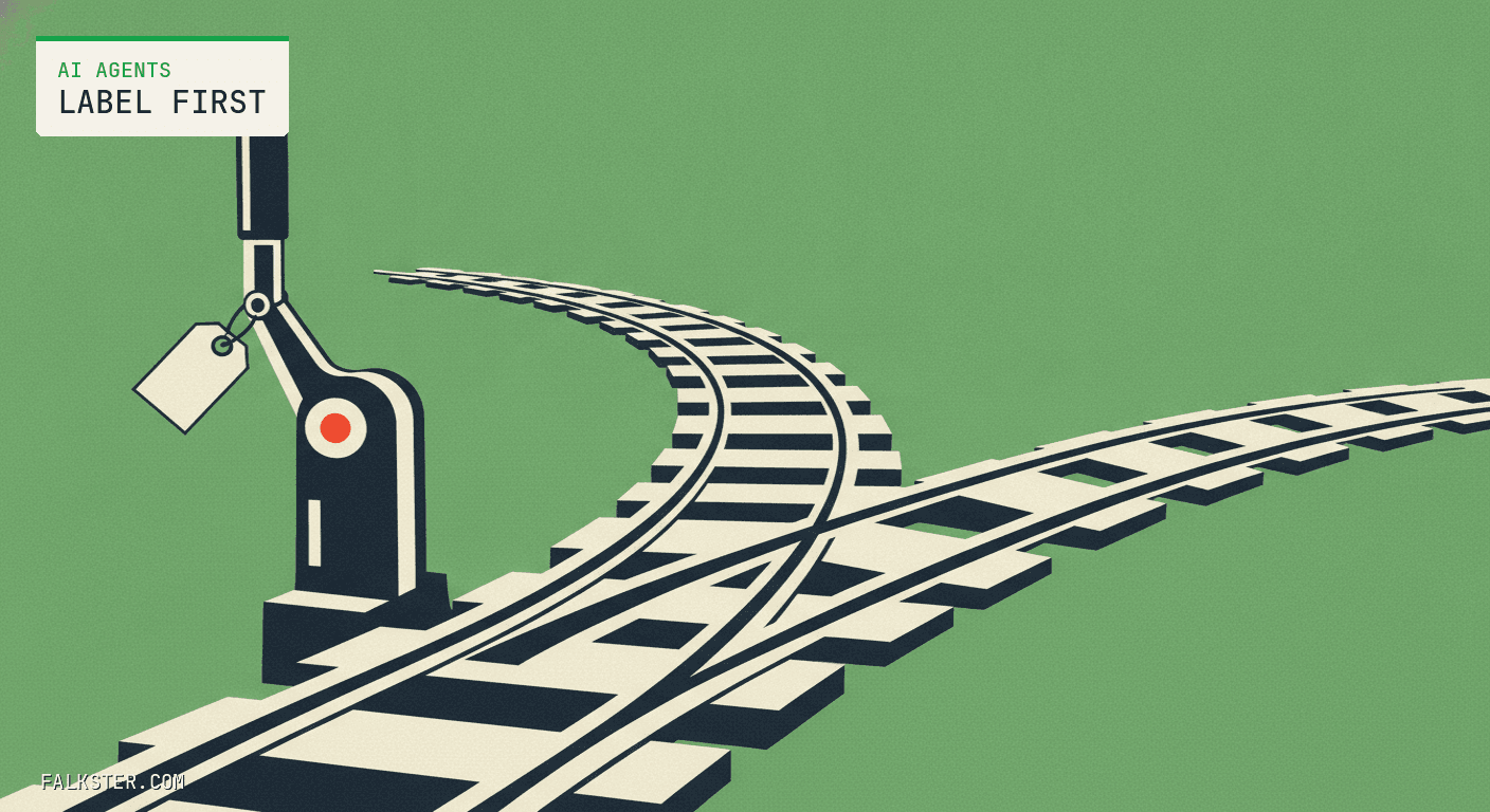 AI Agents Falkster cover on green: a railway switch lever with a paper luggage tag tied to its handle, standing where one track splits into diverging lines.
