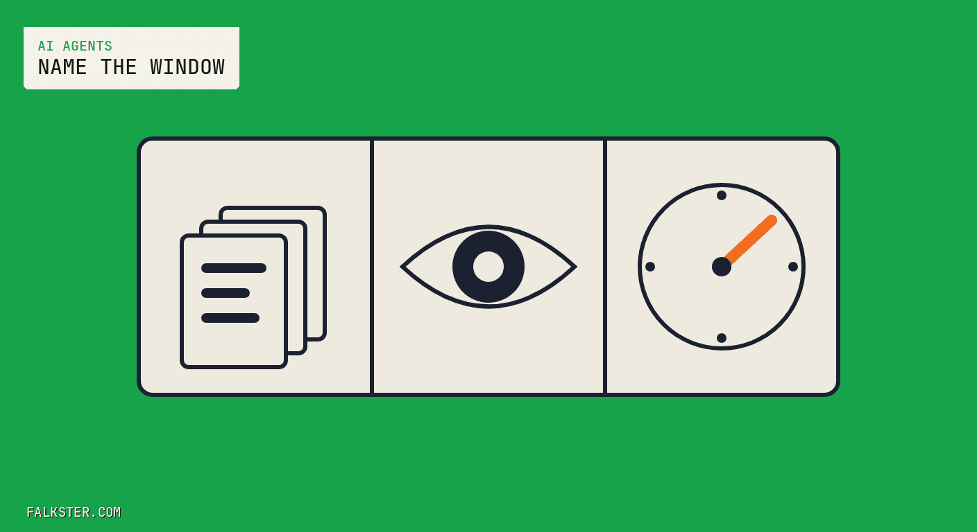 AI Agents Falkster cover on green: a cream ledger row split into three boxes, the first holding a stack of three documents, the second a single navy eye, and the third a clock face with one orange hand.