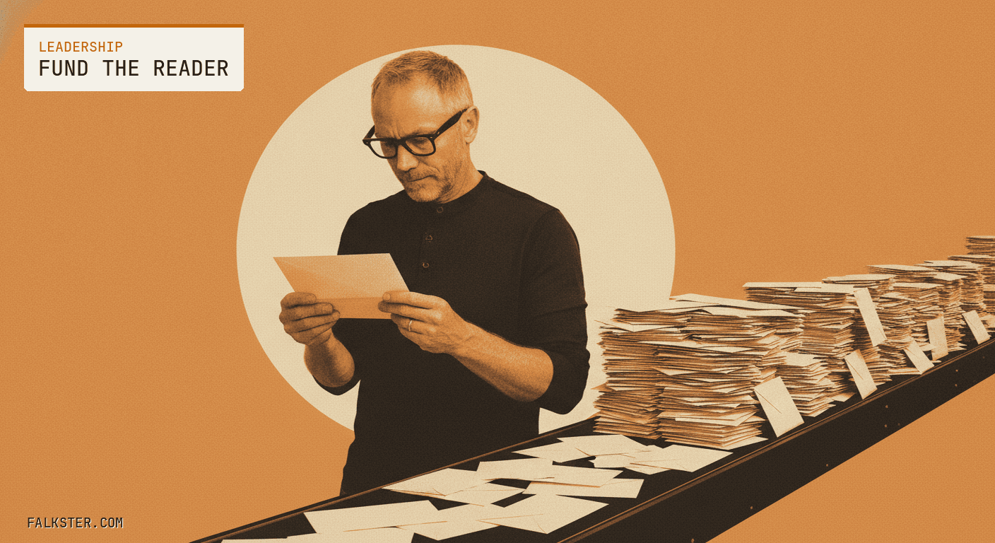 Leadership-orange Falkster cover: Falk in three-quarter view standing beside a conveyor belt that runs off the edge of the frame, stacked high with identical unopened envelopes, one envelope held open in his hand as he reads it.