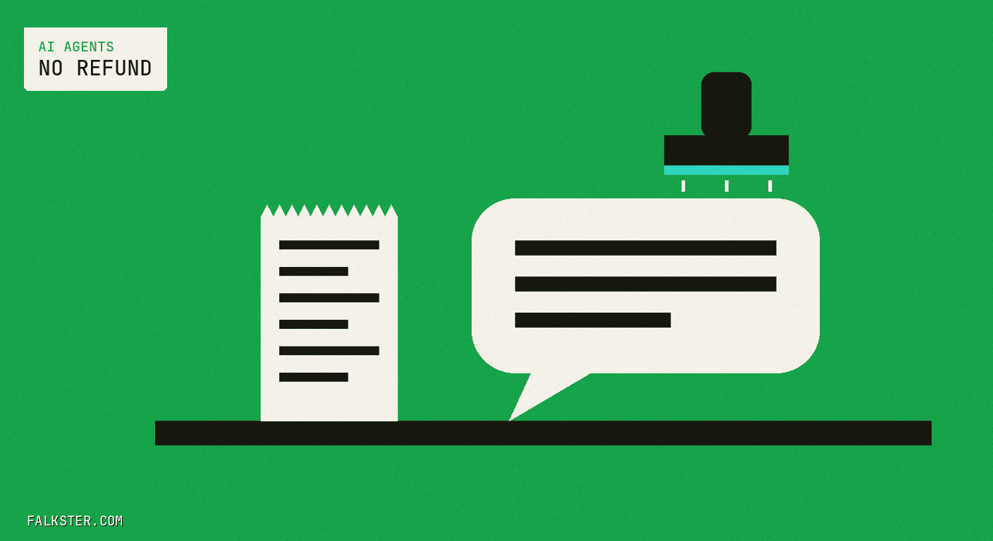 AI Agents Falkster cover on green: a cream paper receipt and a cream speech bubble standing side by side on a dark counter, with a dark rubber stamp edged in teal hovering above the speech bubble.