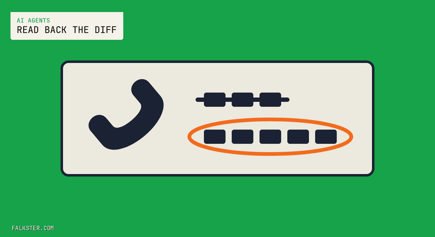 AI Agents Falkster cover on green: a cream panel with a navy telephone handset on the left and, on the right, a row of three navy blocks struck through above a row of five navy blocks circled in orange, the old value and the new value.