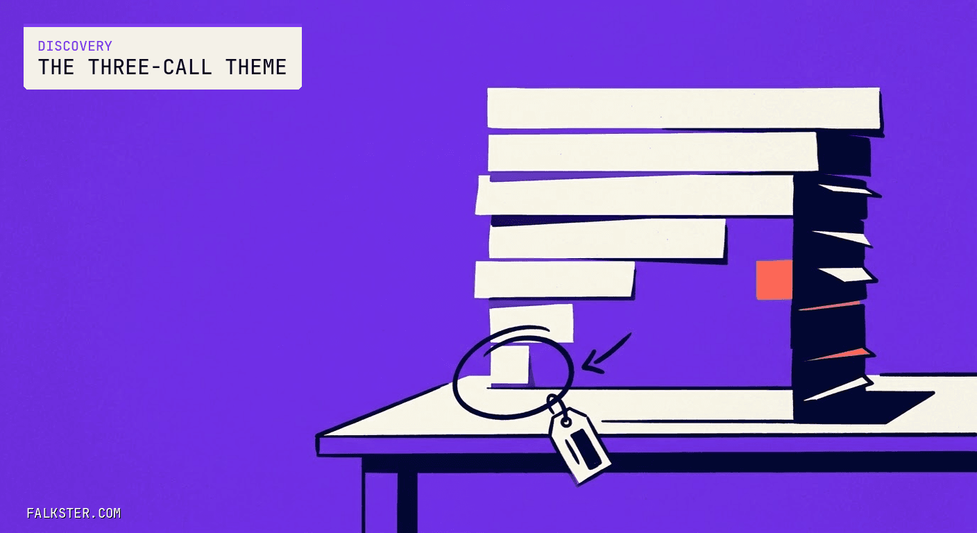 Discovery Falkster cover on purple: a stack of cream paper strips on a desk, long strips at the top and one short strip at the bottom ringed by a hand-drawn circle with an arrow and a small tag hanging from it, a tall pile of slips with an orange marker to the right.