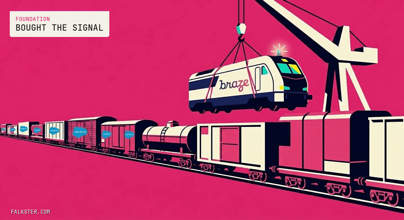 Editorial cover: a long train of mismatched boxcars from different eras coupled together, with a sleek new locomotive being lowered by crane onto the front, the one piece that makes the whole train move.