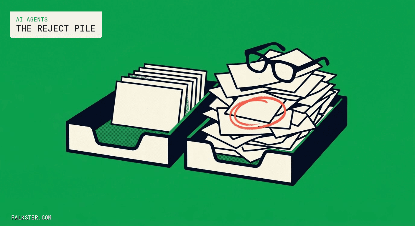 AI Agents Falkster cover on green: two desk trays side by side, the left holding a neat row of cream index cards, the right overflowing with a loose pile of slips, one slip ringed in red marker and a pair of dark glasses resting on top.