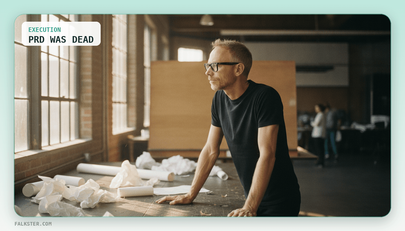 A quarterly roadmap deck marked stale on the left, replaced on the right by small cross-functional squads of one designer and one engineer prototyping continuously against a one-page brief.