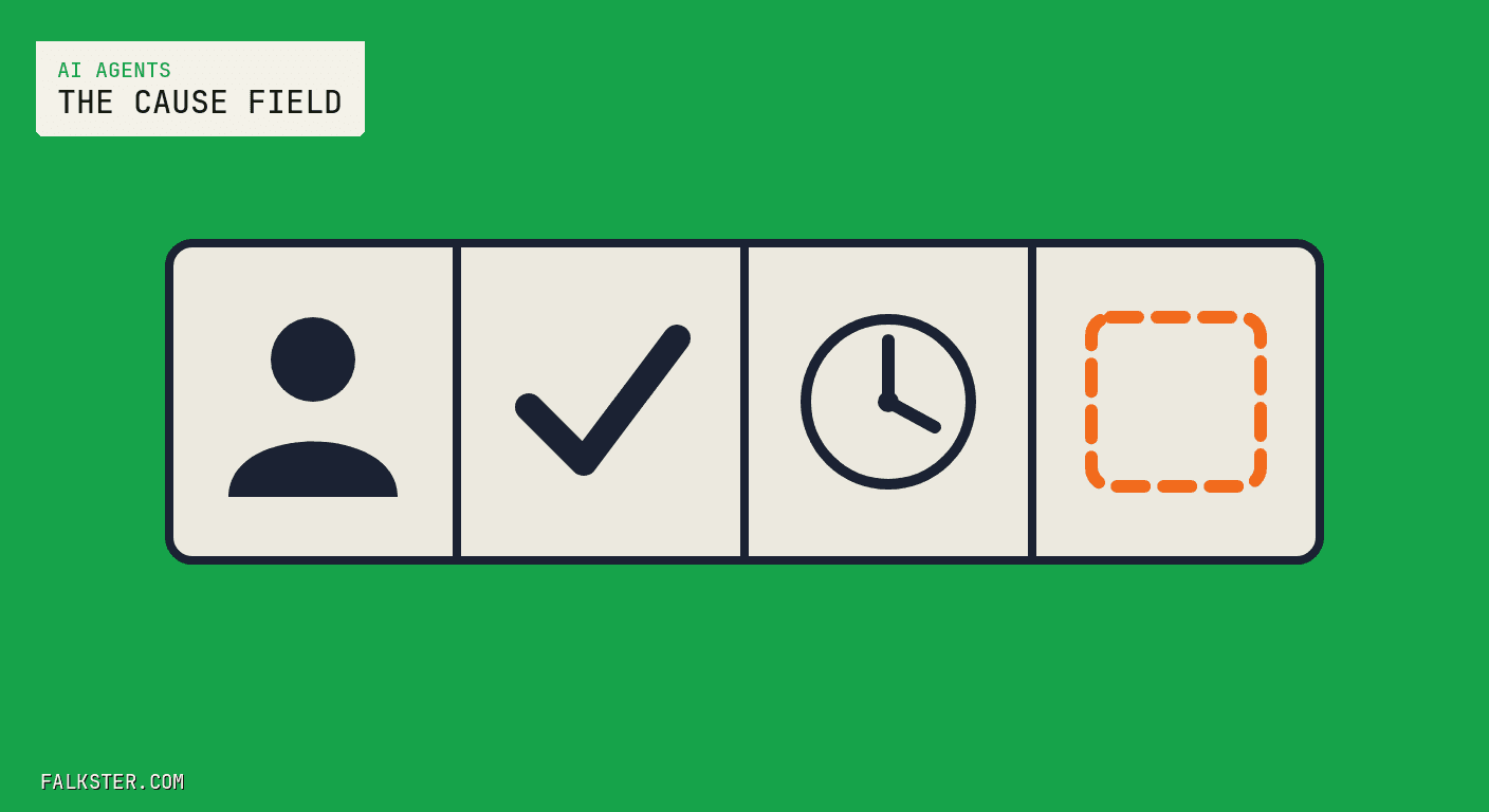 AI Agents Falkster cover on green: a cream record card divided into four boxes, a navy person silhouette, a navy checkmark, a navy clock, and a fourth box that holds only an orange dotted outline.