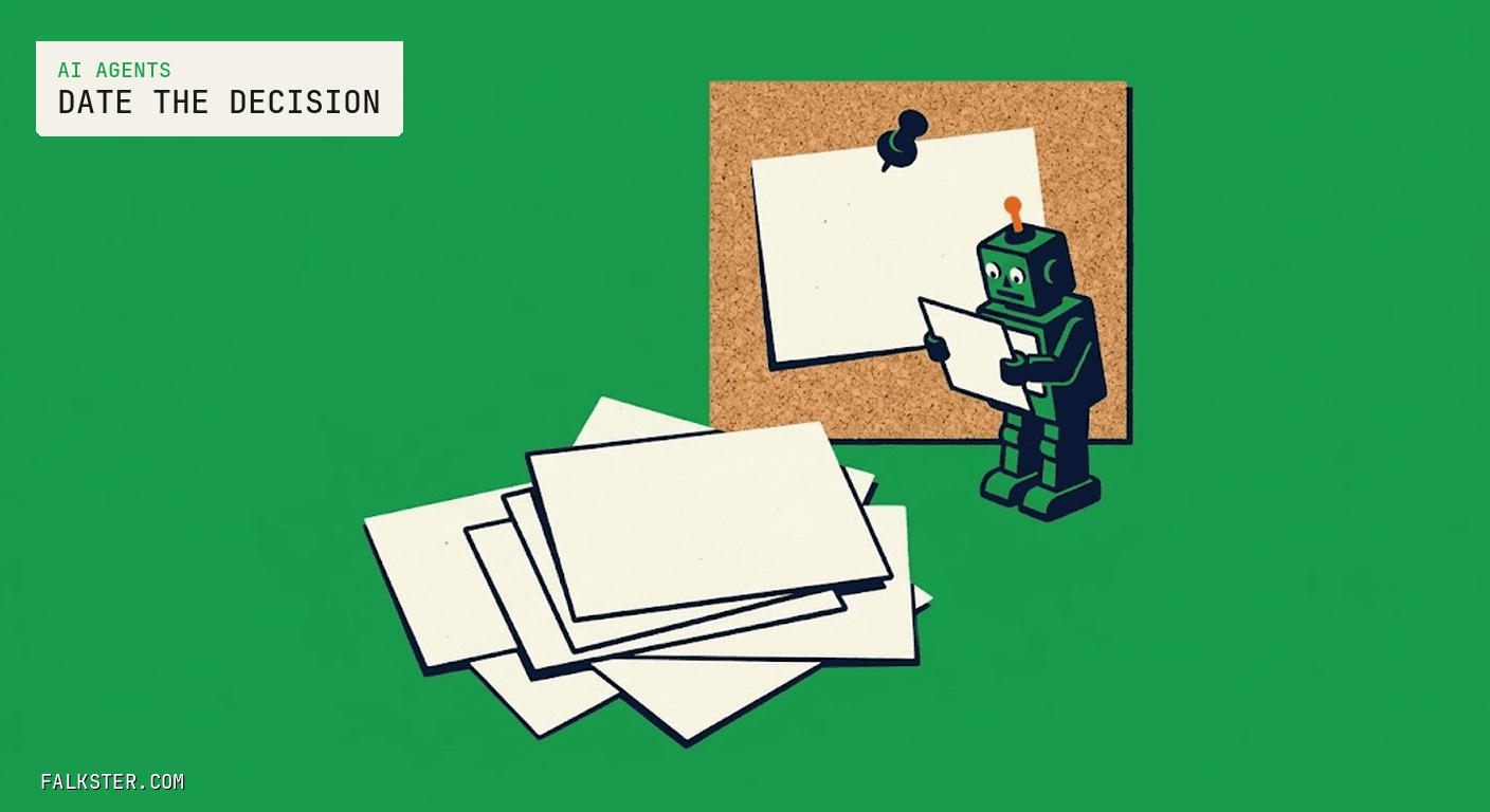 AI Agents Falkster cover on green: a cork board with one cream card pinned by a navy tack, a small green toy robot reading a card beside the board, and a loose pile of blank cream cards on the ground in front.