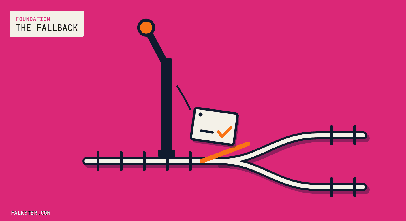Foundation Falkster cover on magenta: a cream railway track splitting into two branches, a tall navy switch lever with an orange handle, an orange switch blade at the fork, and a small cream card with one orange tick hanging from the lever.