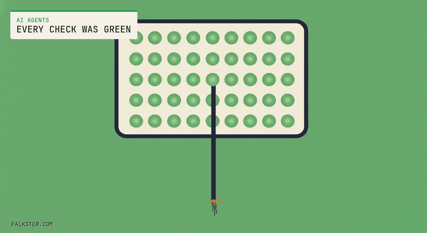 AI Agents green Falkster cover: a board of identical status lights all glowing the same green, with one wire running down from a light in the middle to a frayed severed end that connects to nothing.