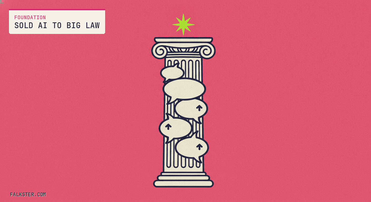 Foundation-pink editorial cover: a marble law-firm column reshaped into a stack of AI chat bubbles, the pillar of big law rebuilt out of prompts, tradition and machine fused into one structure.