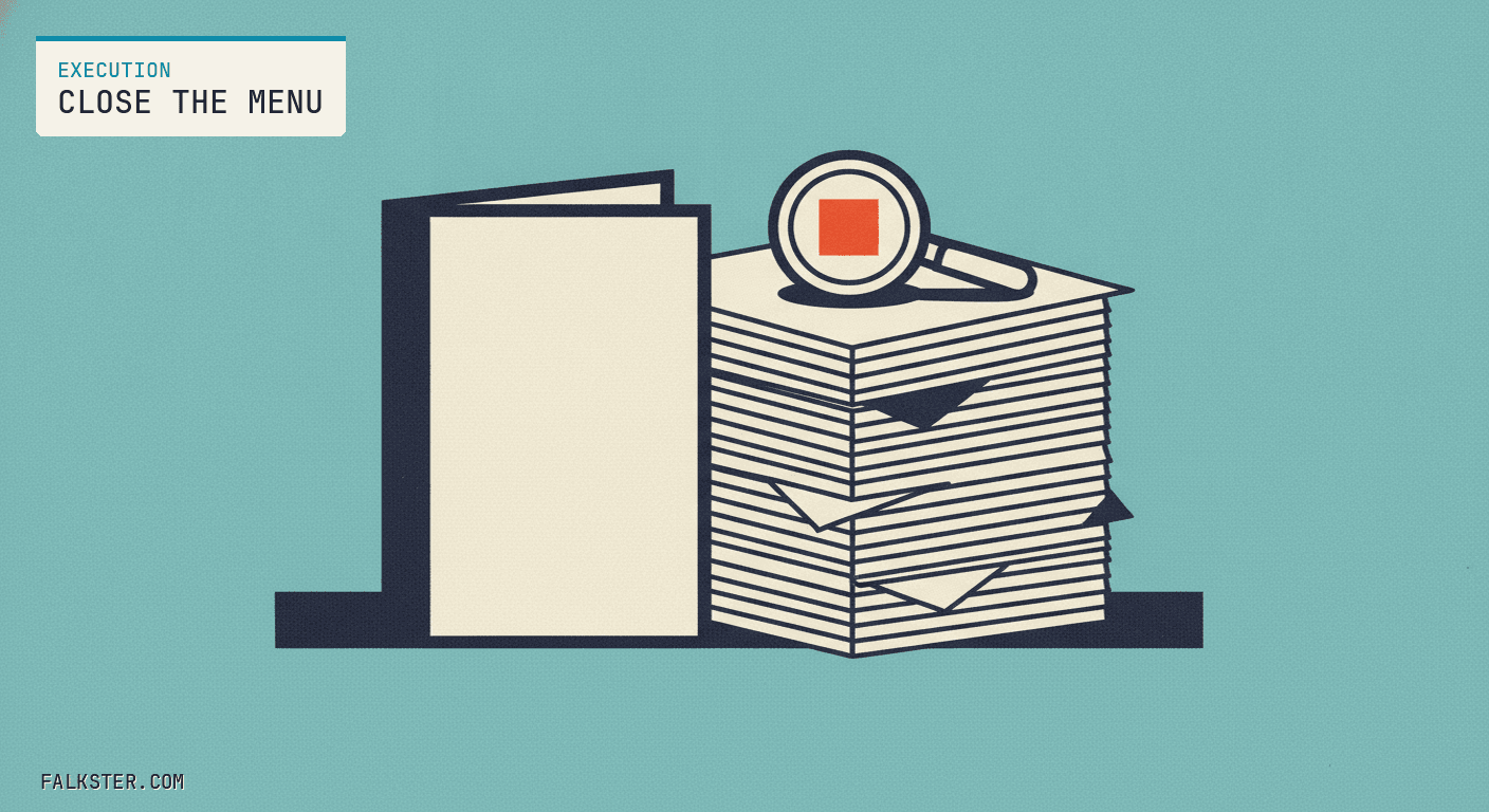 Execution Falkster cover on teal: a closed cream menu standing beside a tall stack of paper sheets, with a magnifying glass showing an orange square resting on top of the stack.