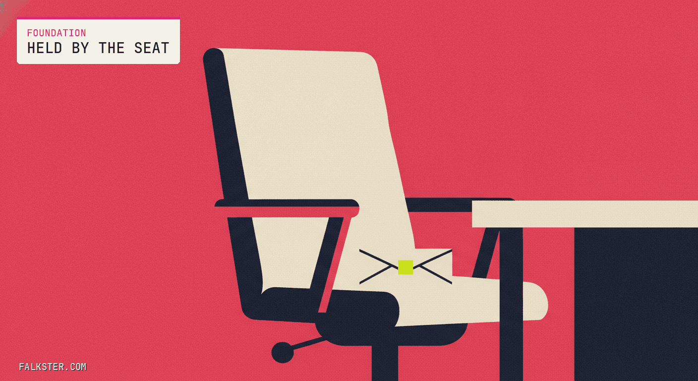 Foundation Falkster cover on magenta: an empty office chair pulled back from a desk, with a sealed envelope left on the seat.