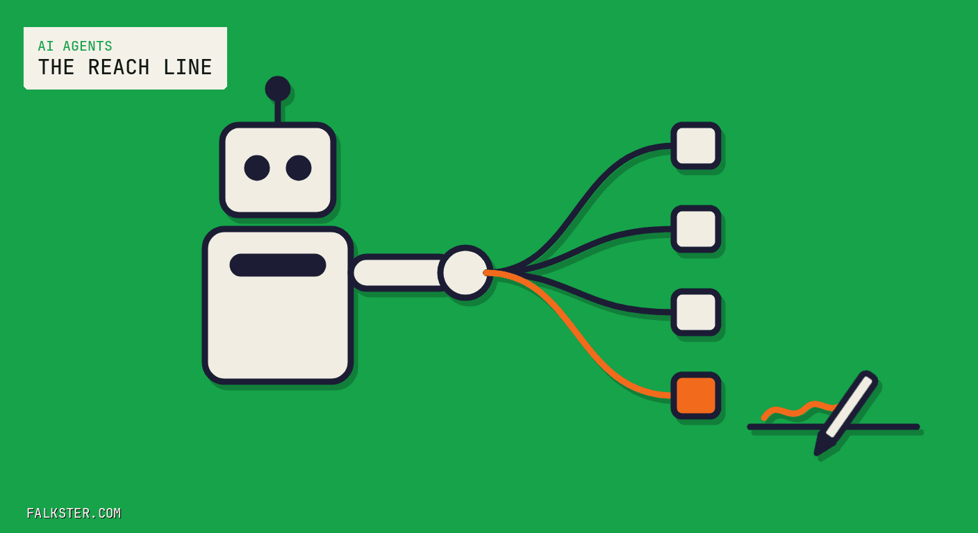 AI Agents Falkster cover on green: a cream robot with an antenna reaches one arm to the right, four cables run from its hand to four small sockets, the lowest cable and socket are orange, and beside that socket a pen rests on a signature line with an orange scribble.