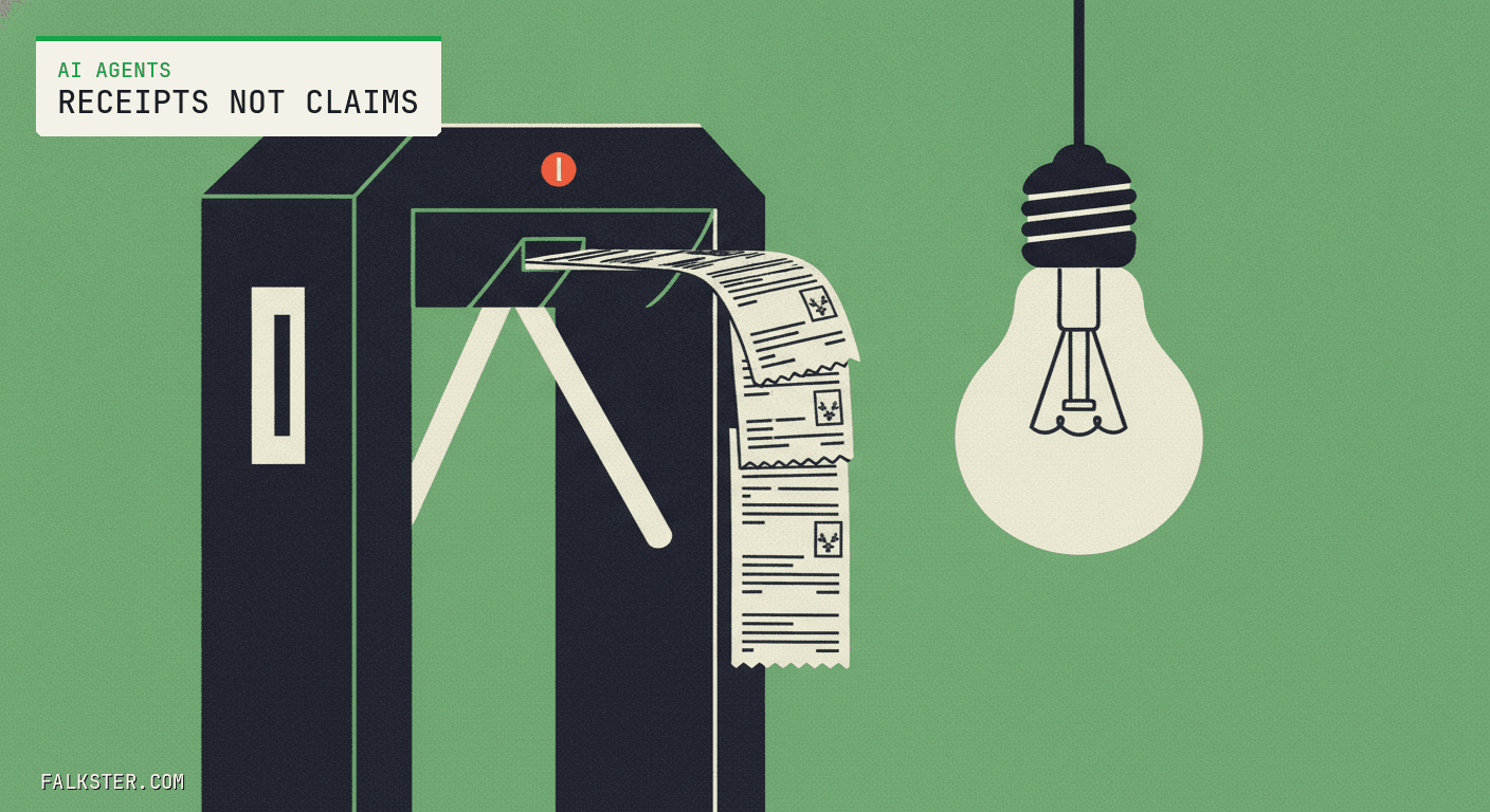 AI Agents Falkster cover: a dark turnstile gate with a long strip of stamped receipts feeding into its slot, and beside it a single large light bulb hanging switched off.