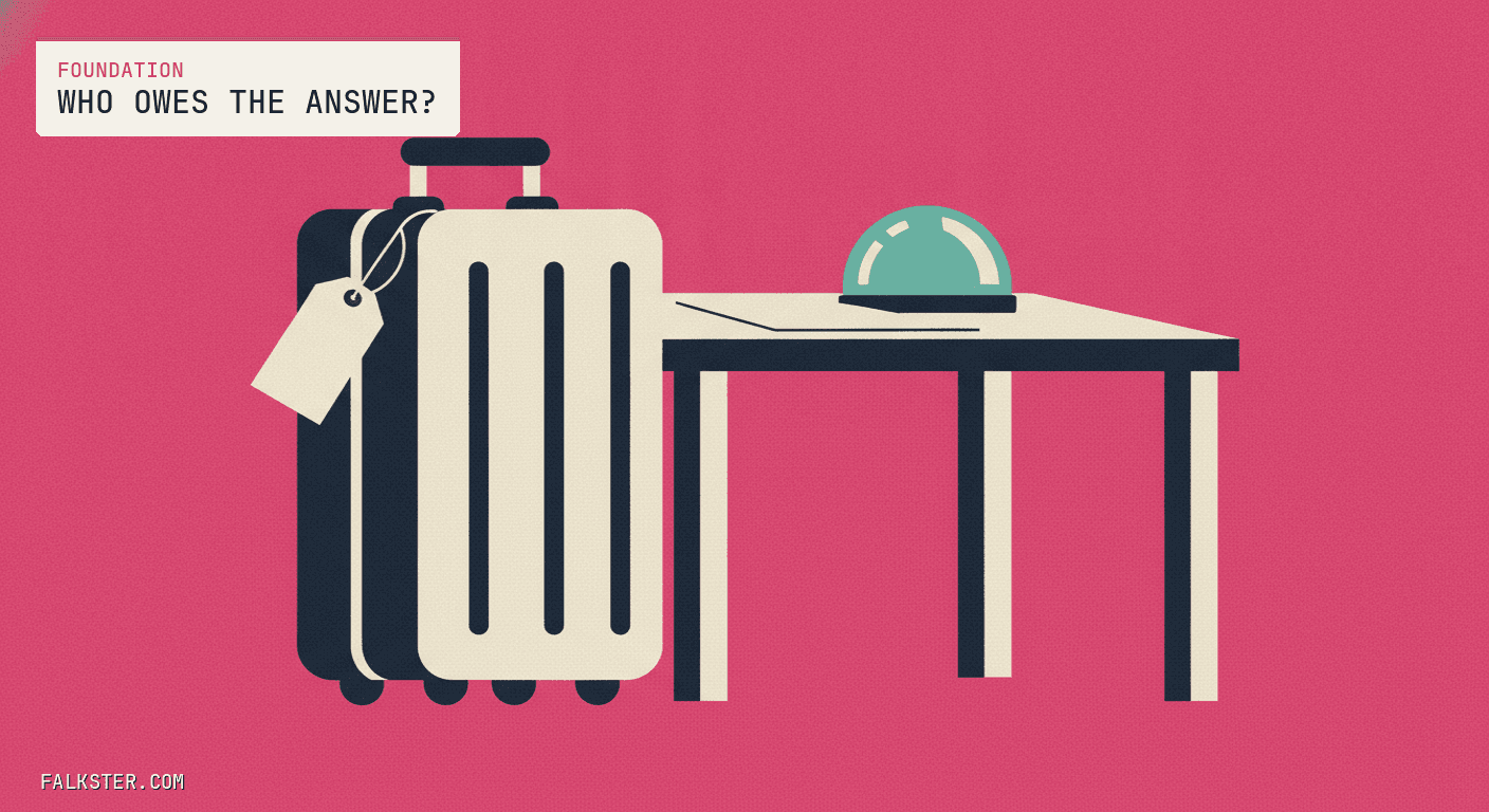 Foundation-pink Falkster cover: a cream suitcase with a blank luggage tag standing beside a desk, and on the desk a sheet of paper next to a green service bell.