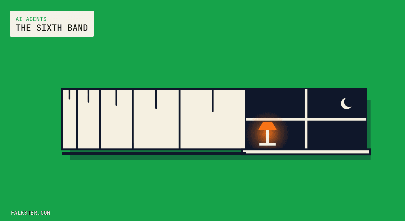 AI Agents Falkster cover on green: a long horizontal ruler of six bands widening left to right, the first five cream with navy tick marks and the sixth a navy night window with a cream cross frame, a crescent moon, and a small orange desk lamp glowing on the sill.
