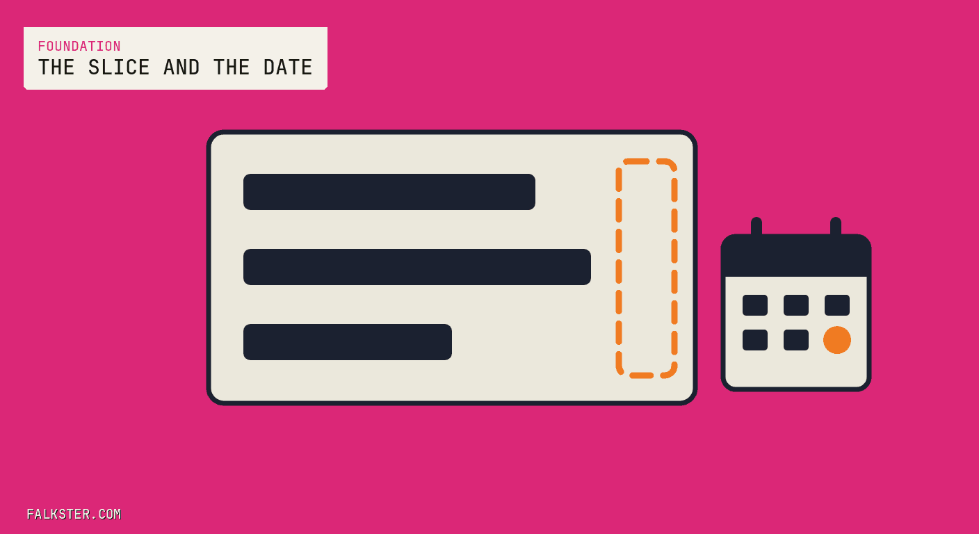 Foundation Falkster cover on pink: a cream scorecard with three navy bars of different lengths, a tall empty column outlined in orange dashes at its right edge, and a small desk calendar with one orange day beside it.