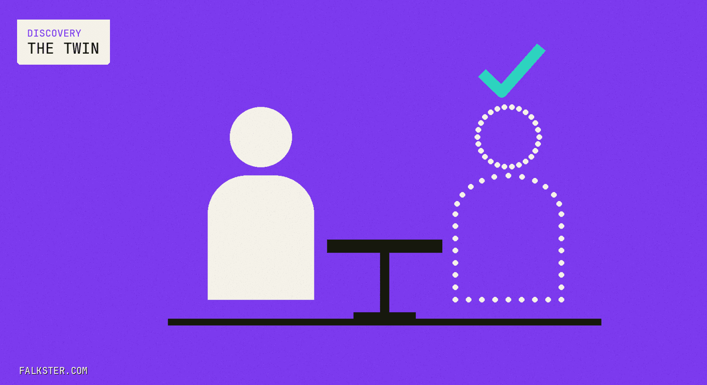 Discovery Falkster cover on purple: a solid cream seated figure facing an identical figure drawn only as a dotted outline across a small dark table, with a teal check mark above the dotted one.