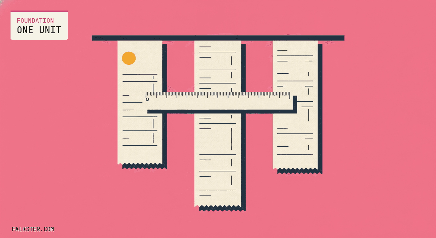 Foundation Falkster cover: three paper receipts of different lengths hanging side by side from one rail, with a single ruler laid straight across all three at the same height.