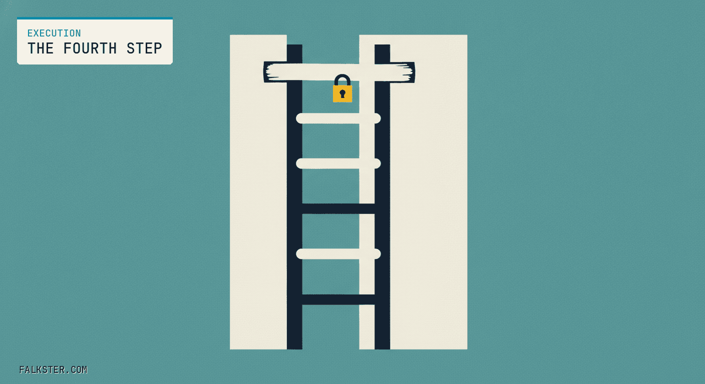 Execution-teal Falkster cover: a three-rung ladder leaning against a wall with a fourth rung drawn in bold marker above the top one, a small stopwatch and a single locked padlock hanging from the drawn rung.
