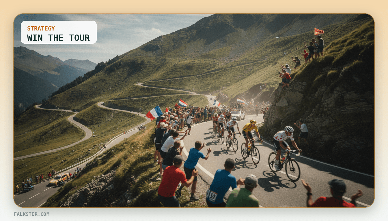 A Tour de France peloton where a yellow-jersey rider is pulled by a line of domestiques, next to a stage-results board showing the most stage wins did not take the overall lead, labeled cumulative time wins the race.