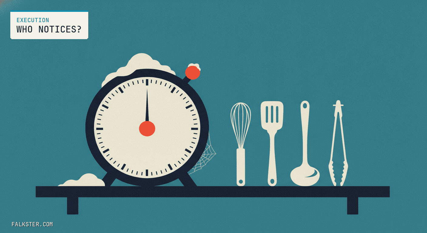 Execution Falkster cover on teal: a large kitchen timer gathering dust and a cobweb on a shelf, next to a whisk, a spatula, a ladle, and tongs lined up unused.
