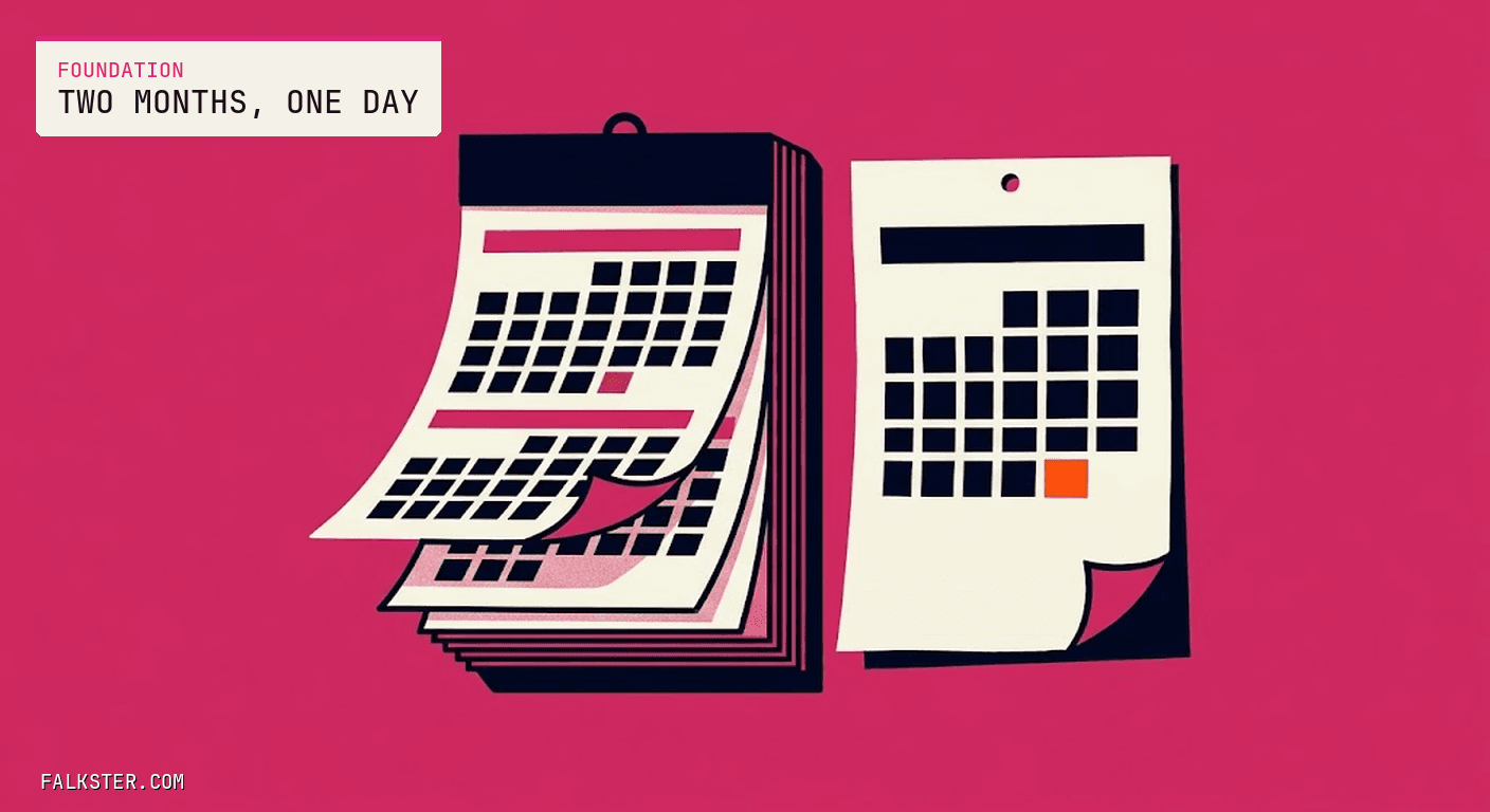 Foundation Falkster cover on magenta: two wall calendars side by side, the left one a thick stack of curling cream month pages with navy date grids, the right one a single flat cream day sheet with a navy grid and one orange square, its corner lifting at the bottom.